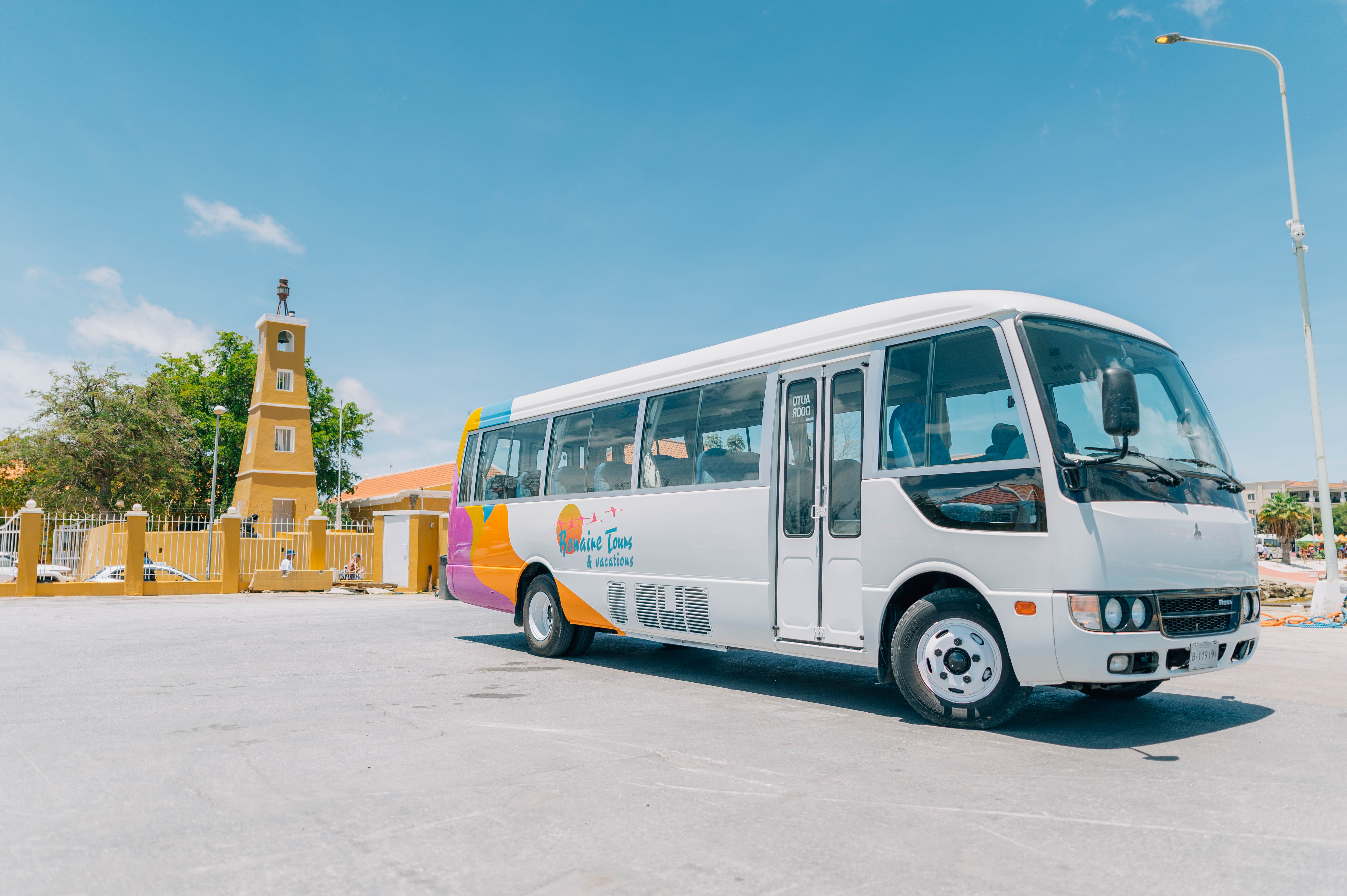 Bonaire Tours coach at the pink salt flats on Bonaire's south coast